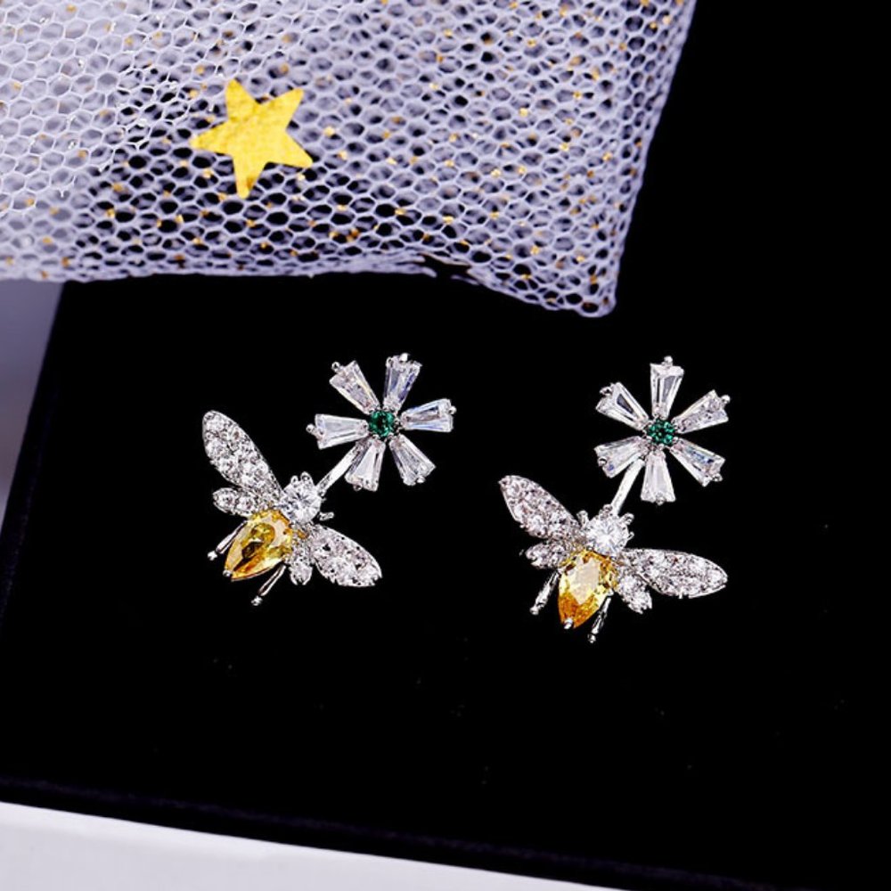 NEW 18K White Gold Citrine Diamond Bee Earrings